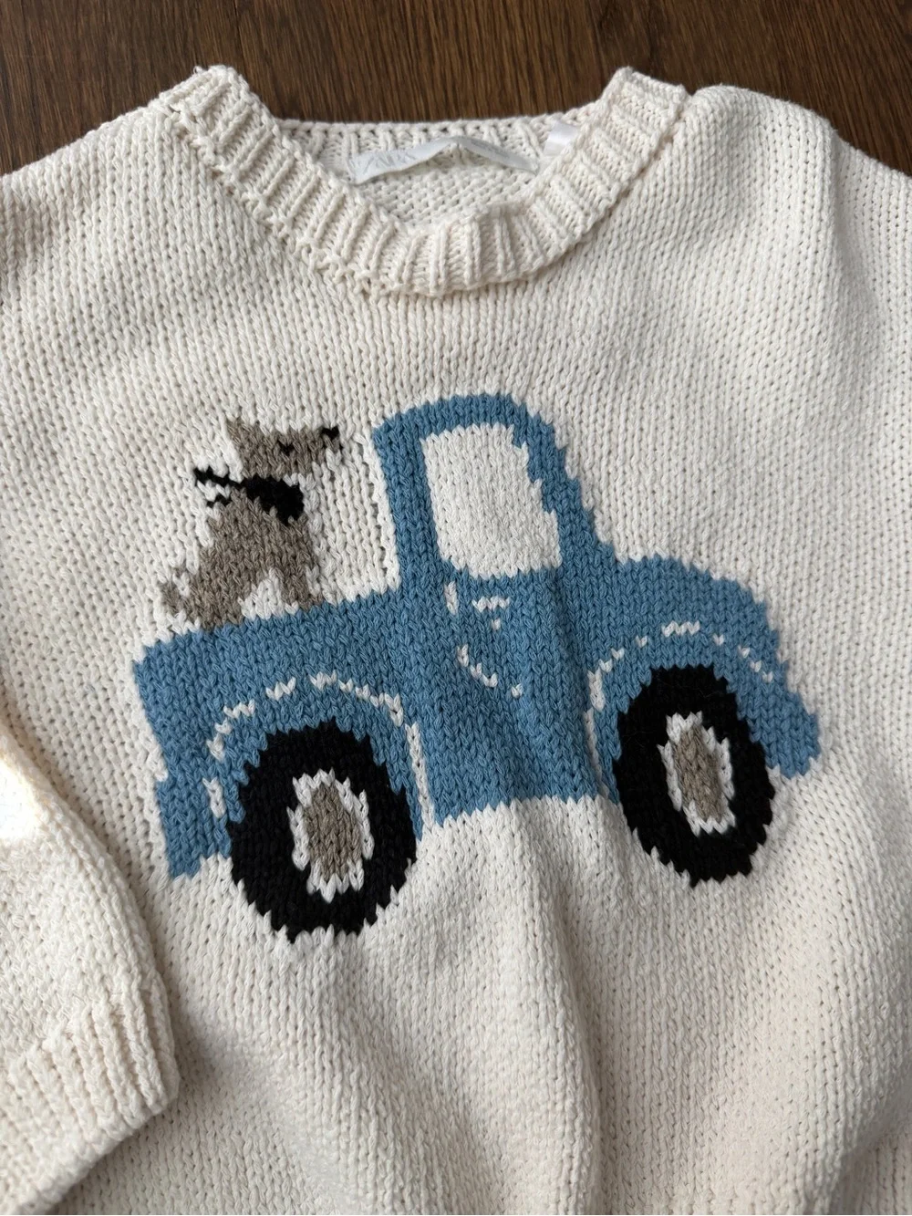 Zara Cream Knit Sweater with Blue Truck and Puppy Motif